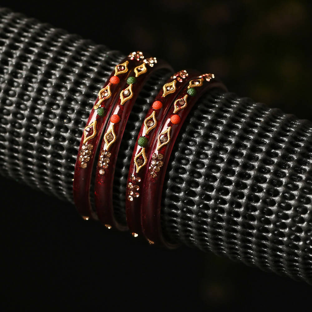 Afast Designer Fancy Party Bangle/ Kada Set, Maroon, Glass, Pack Of 4 - Swadesiicart