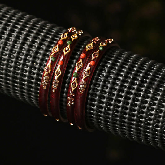 Afast Designer Fancy Party Bangle/ Kada Set, Maroon, Glass, Pack Of 4 - Swadesiicart
