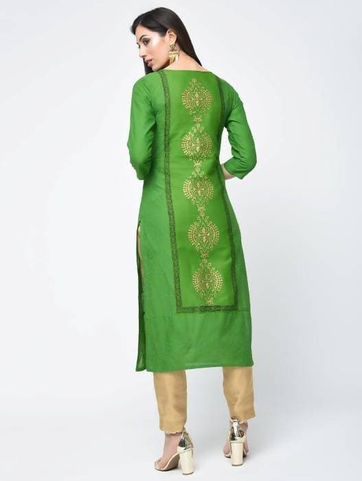 Aniyah Cotton Block Printed Green Color Straight Kurta (AN-129K) - Swadesiicart