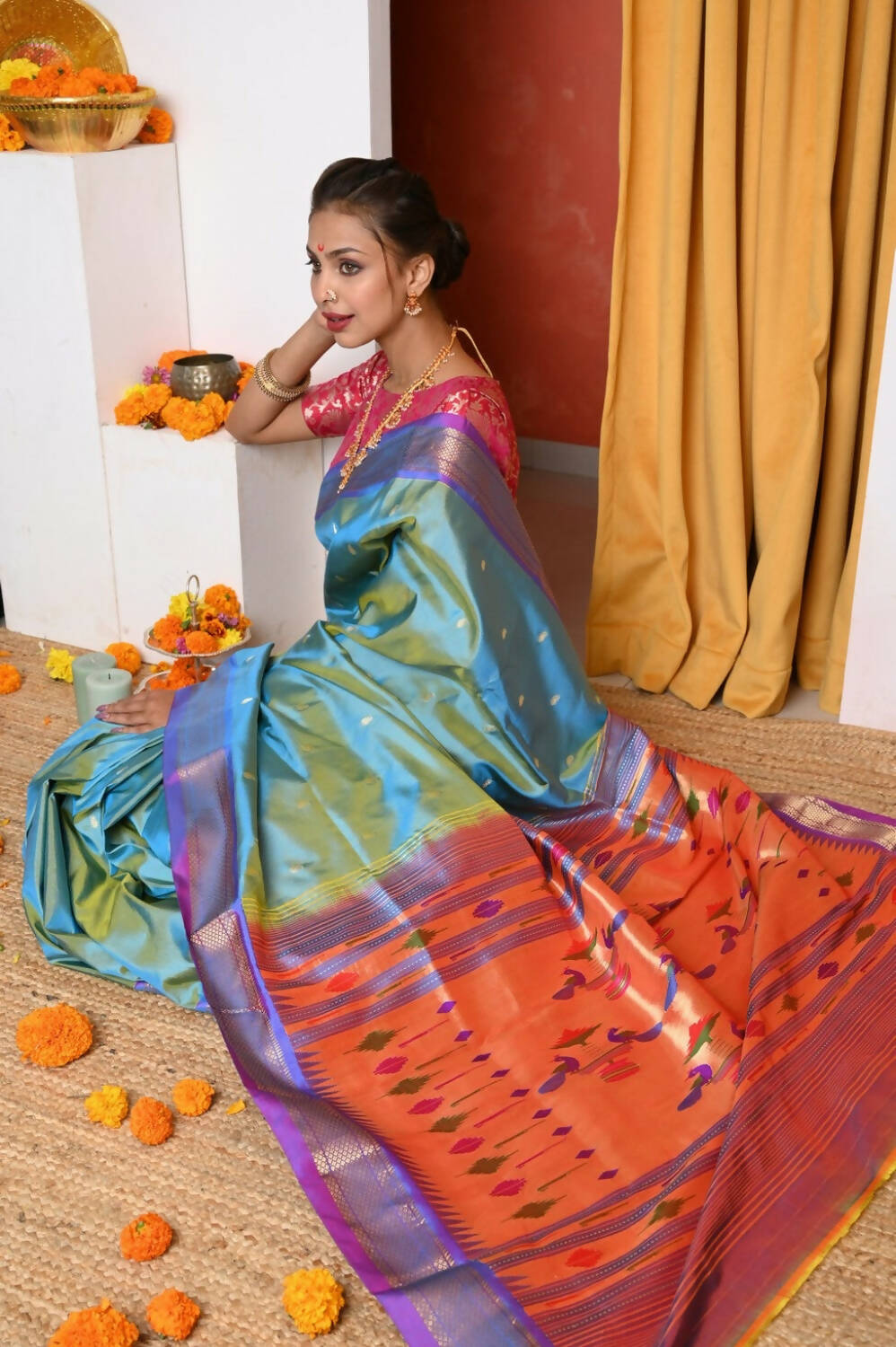 Very Much Indian Authentic Dual Tone Powder Blue Paithani | Swadesiicart