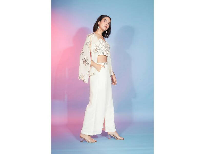 Off White Georgette Sequence With Thread Designer Co-Ord Set - Flory - Swadesiicart