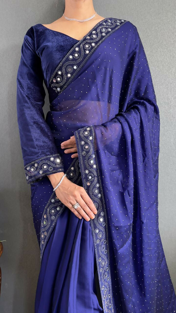 Vastranavya Blue Rangoli Silk Real Mirror work with Swarovski work Ready to Wear Saree | Swadesiicart
