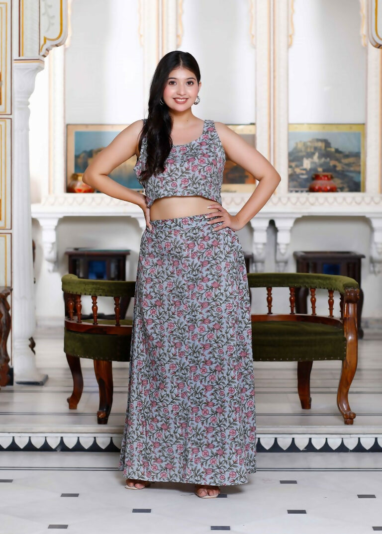 Miravan Women's Grey Floral Printed Crop Top And Skirt Co-Ord Set - Swadesiicart