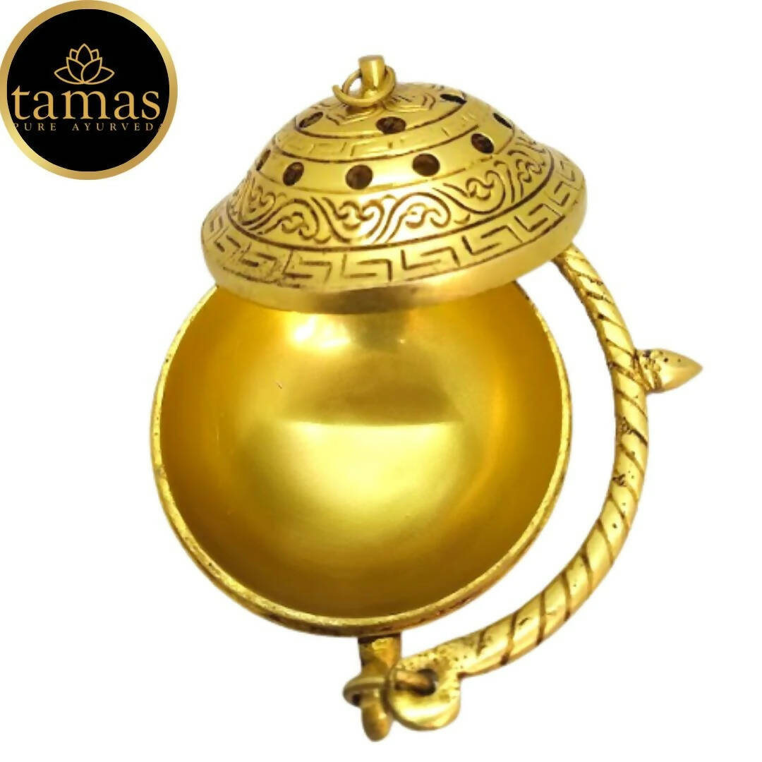 Tamas Brass Small Dhoop Burner with Handle and Lid (Golden) | Swadesiicart