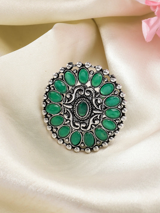 NVR Women's Green Silver-Plated Circular Shape Adjustable Finger Ring | Swadesiicart