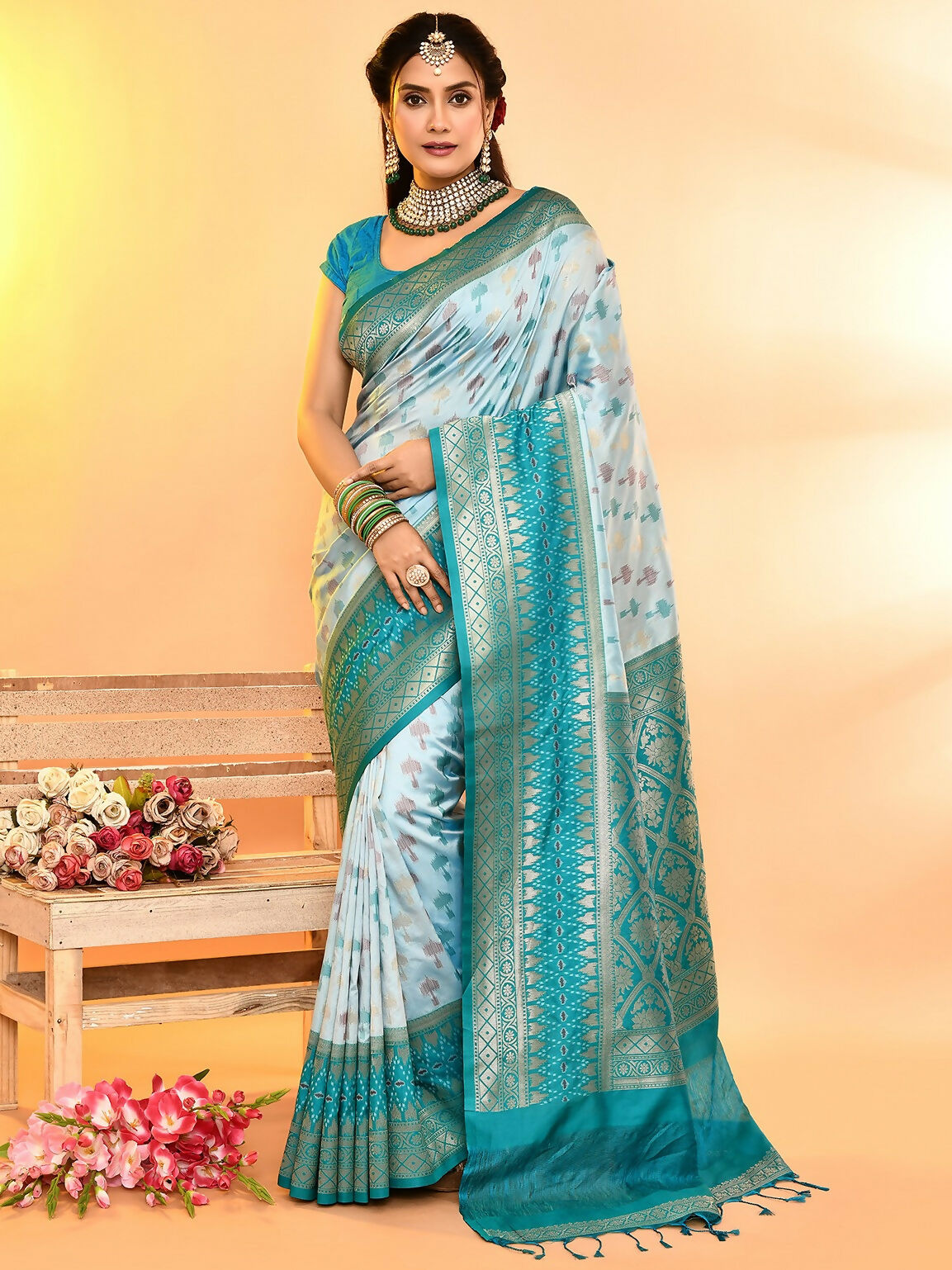 Joban Fashion Sky Blue & Rama Plain With Weaving Border Banarasi Silk Sarees | Swadesiicart
