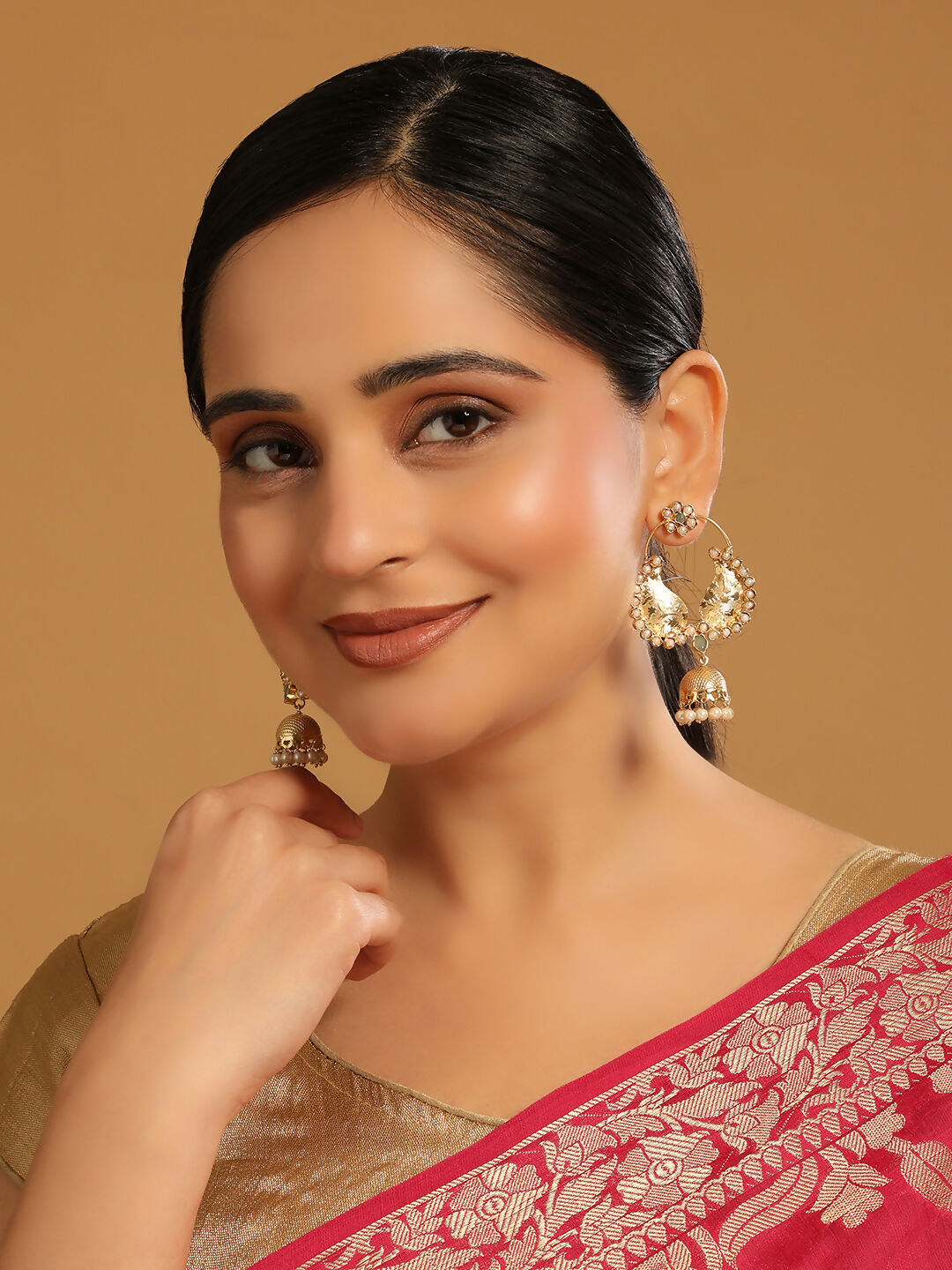 Nuyug 22K Gold Plated Pearls Studded Contemporary Shaped Mini Jhumki Drop Dangler Earrings | Swadesiicart