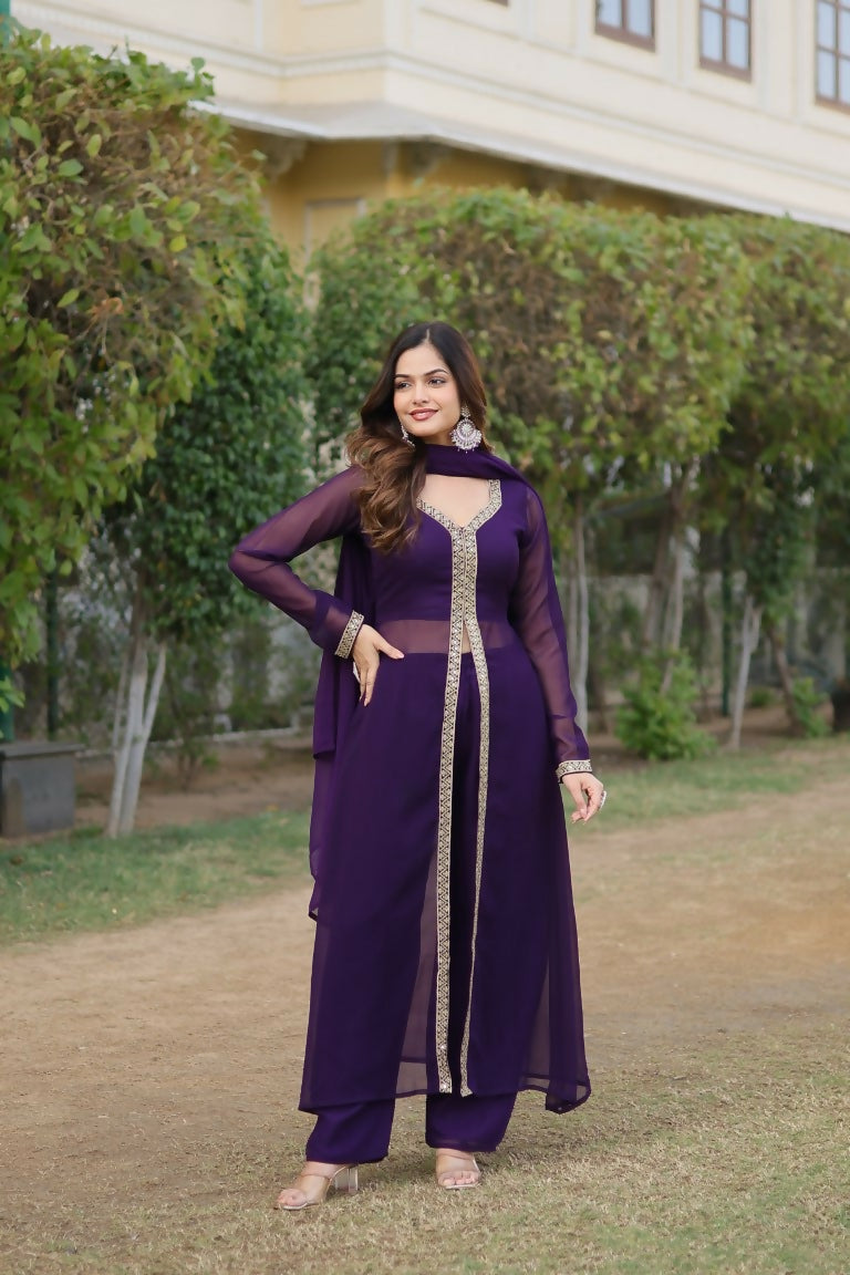 Jyoti Fashion Women's Purple Faux Blooming Embroidered Kurta with Trouser & Dupatta | Swadesiicart