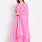 Myshka Women's Pink Printed Cotton Blend 3/4 Sleeve V Neck Casual Anarkali Kurta Dupatta Set