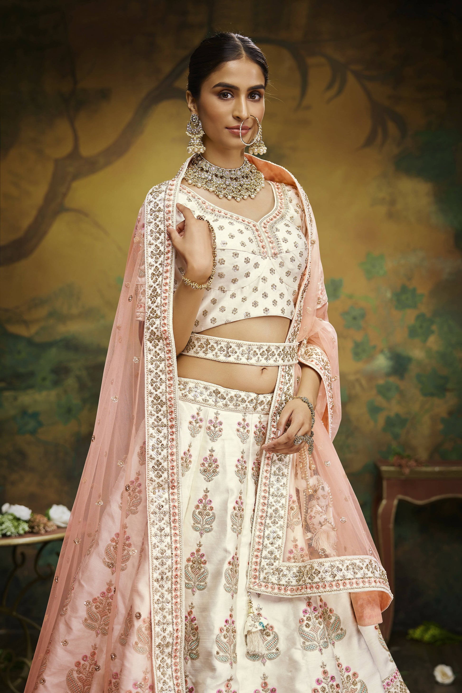House of Panchhi Off White Pure Silk Moti & Zarkan heavy embroidery Lehenga choli & Dupatta | Swadesiicart