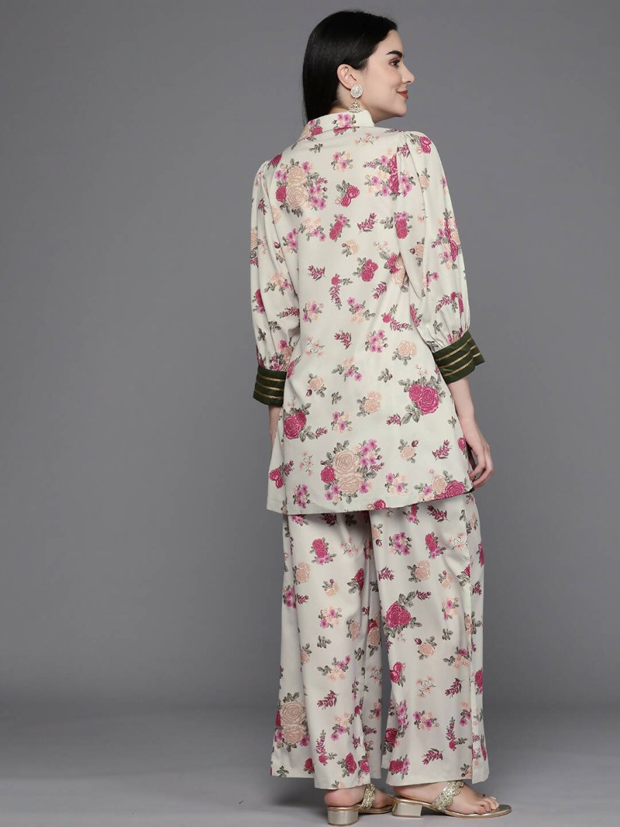 Ahalyaa Women Floral Printed Tunic with Palazzos - Beige Color | Swadesiicart
