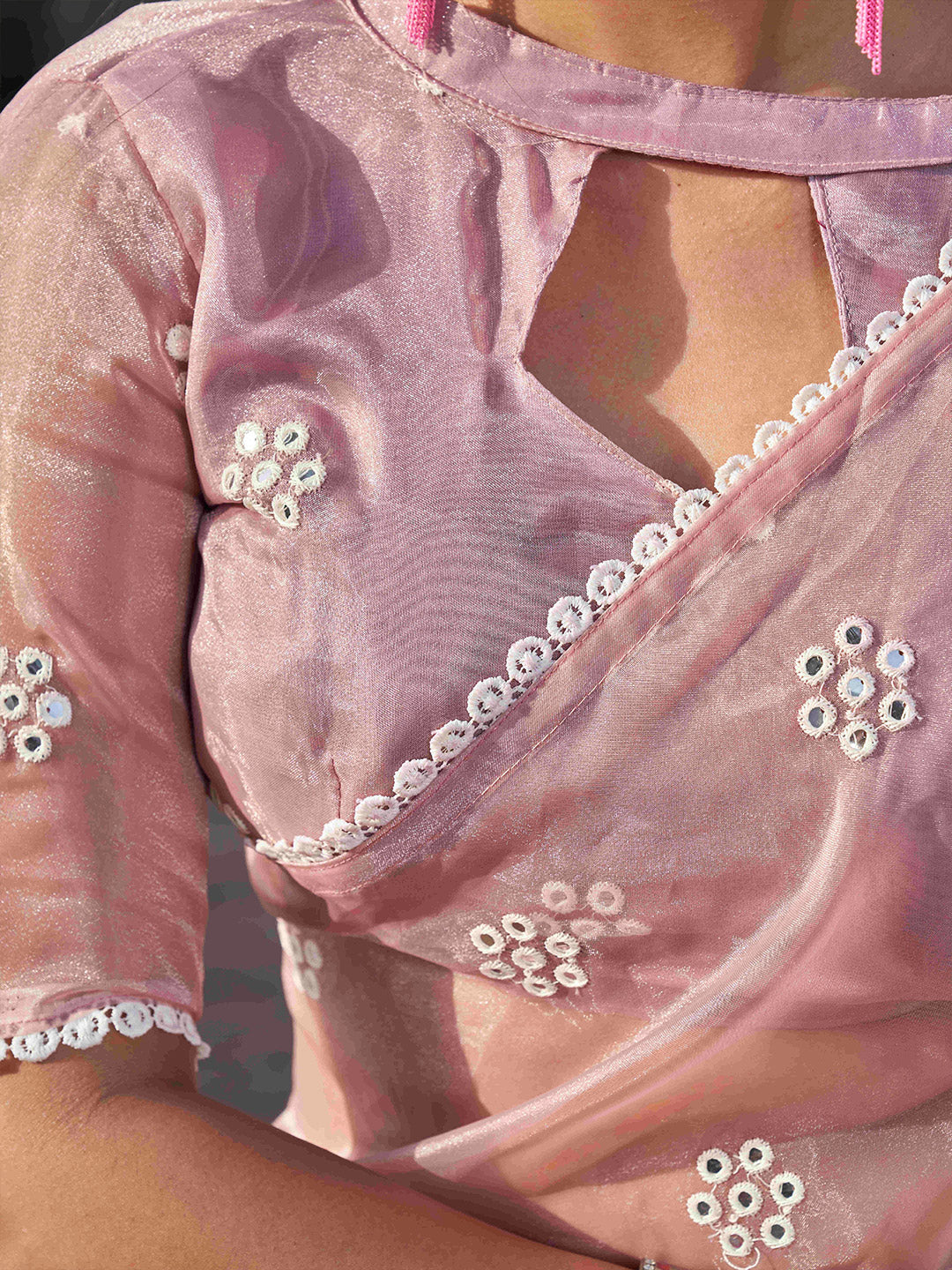 Tikhi Imli Pink Floral Embroidered Mirror Work Organza Saree | Swadesiicart