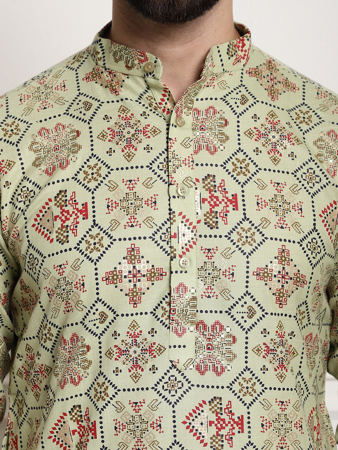 Sojanya Men Green Printed Cotton Linen Kurta with Churidar | Swadesiicart