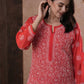 ADA Women Red & White Chikankari Hand Embroidered Semi-Sheer Straight Sustainable Handloom Kurta | Swadesiicart