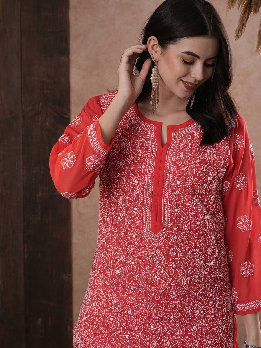 ADA Women Red & White Chikankari Hand Embroidered Semi-Sheer Straight Sustainable Handloom Kurta | Swadesiicart