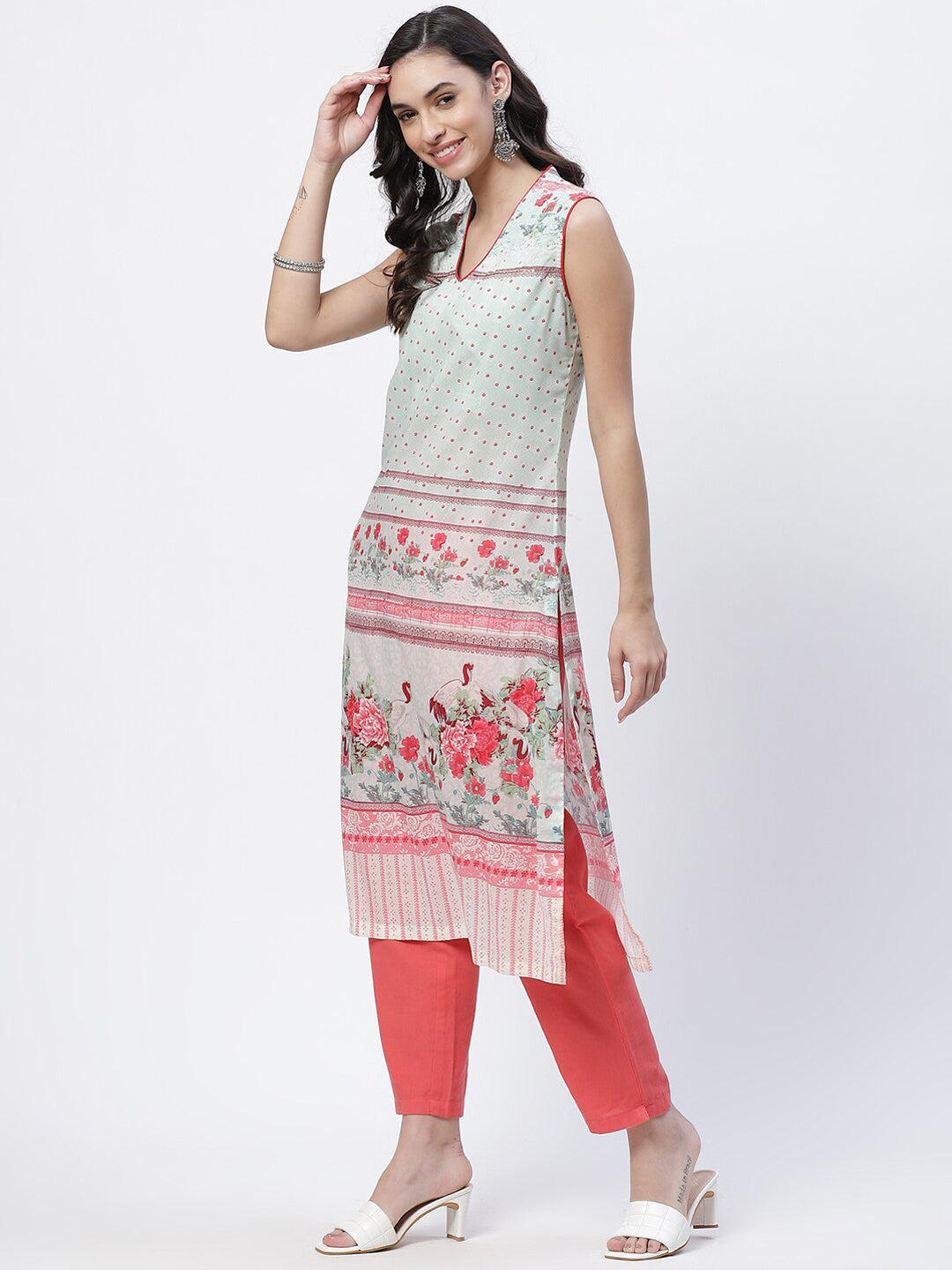 Biba Women Green Floral Printed Thread Work Kurta - Swadesiicart