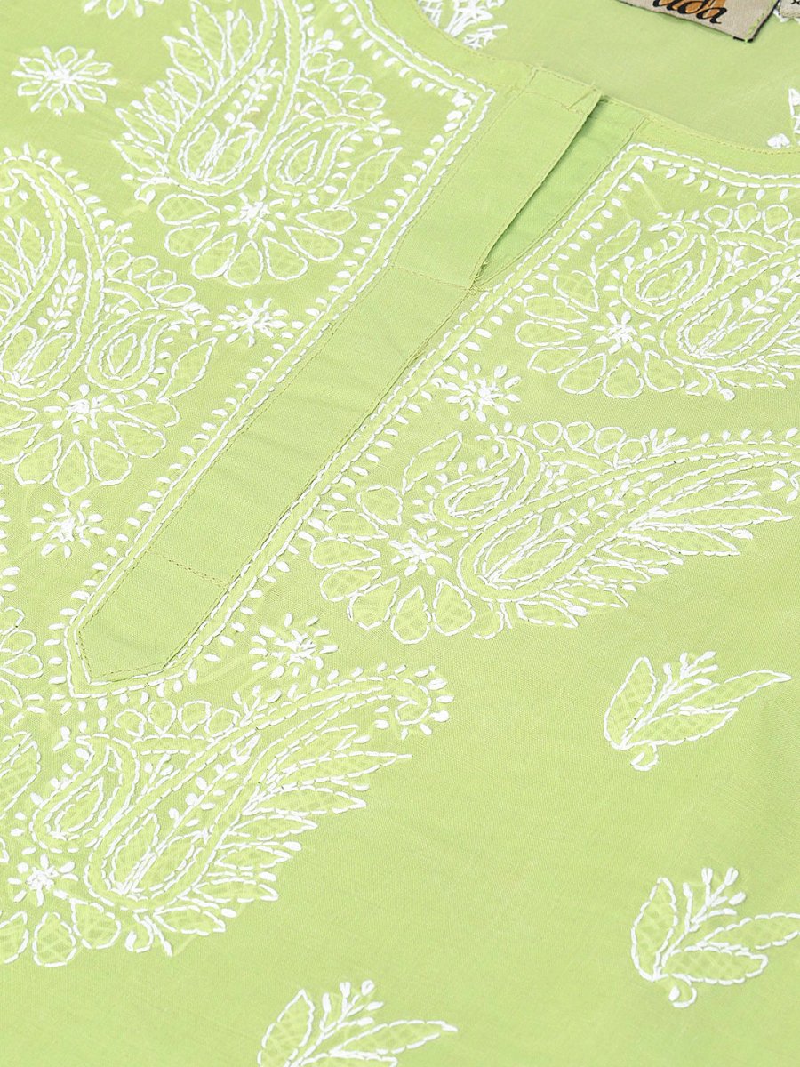 ADA Women Green & White Chikankari Hand Embroidered Straight Sustainable Handloom Kurta | Swadesiicart