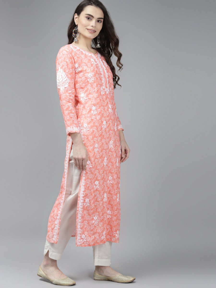 ADA Women Peach-Coloured & White Ethnic Motifs Chikankari Cotton Handloom Kurta | Swadesiicart