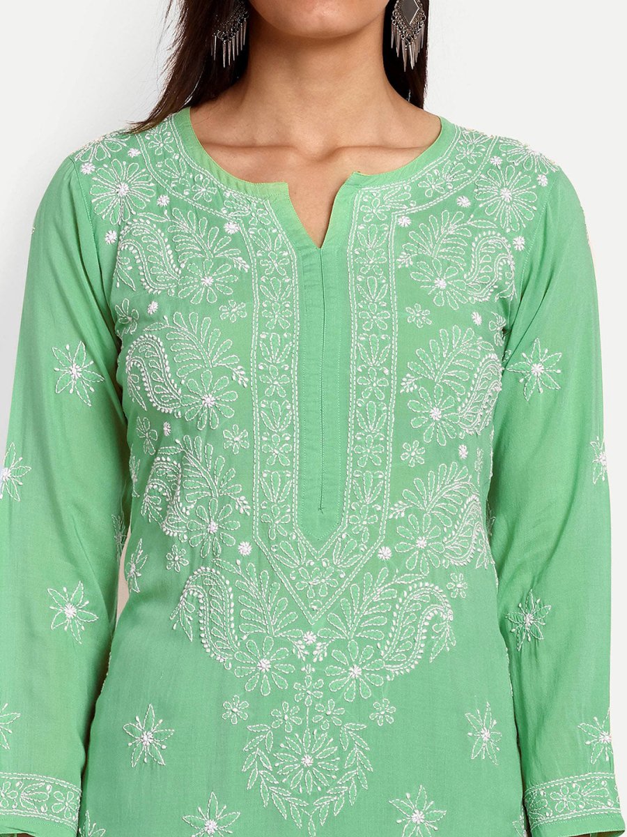 ADA Floral Embroidered Long Sleeves Regular Lucknowi Chikankari Kurta With Palazzos | Swadesiicart