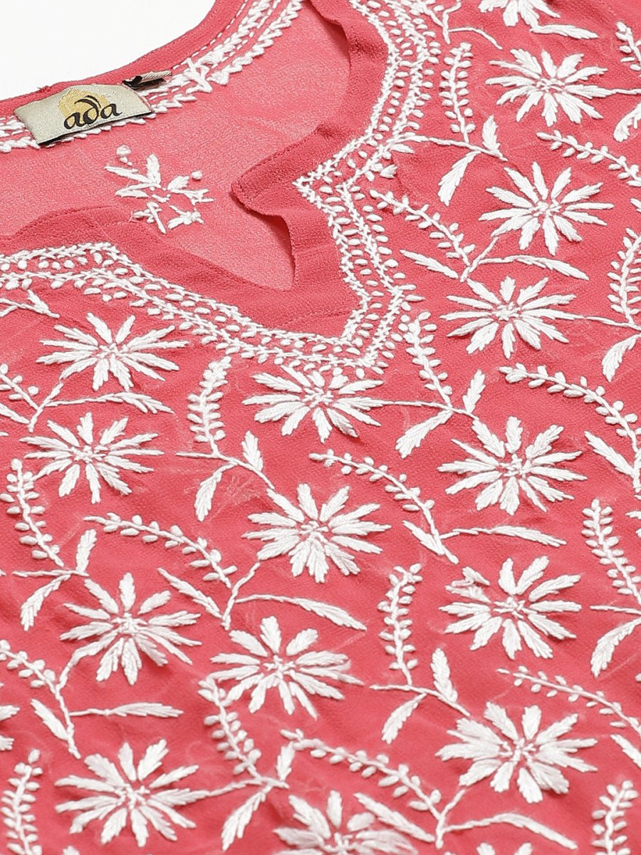 ADA Women Pink & White Chikankari Embroidered Sustainable Handloom Kurta with Trousers | Swadesiicart