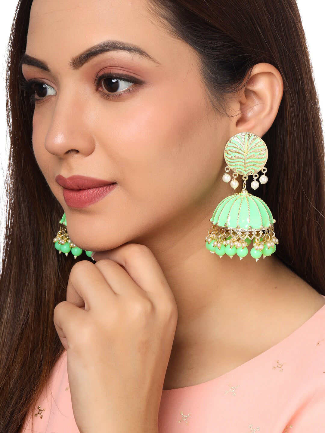 Yellow Chimes Women Green Meenakari Jhumkas Earrings - Swadesiicart