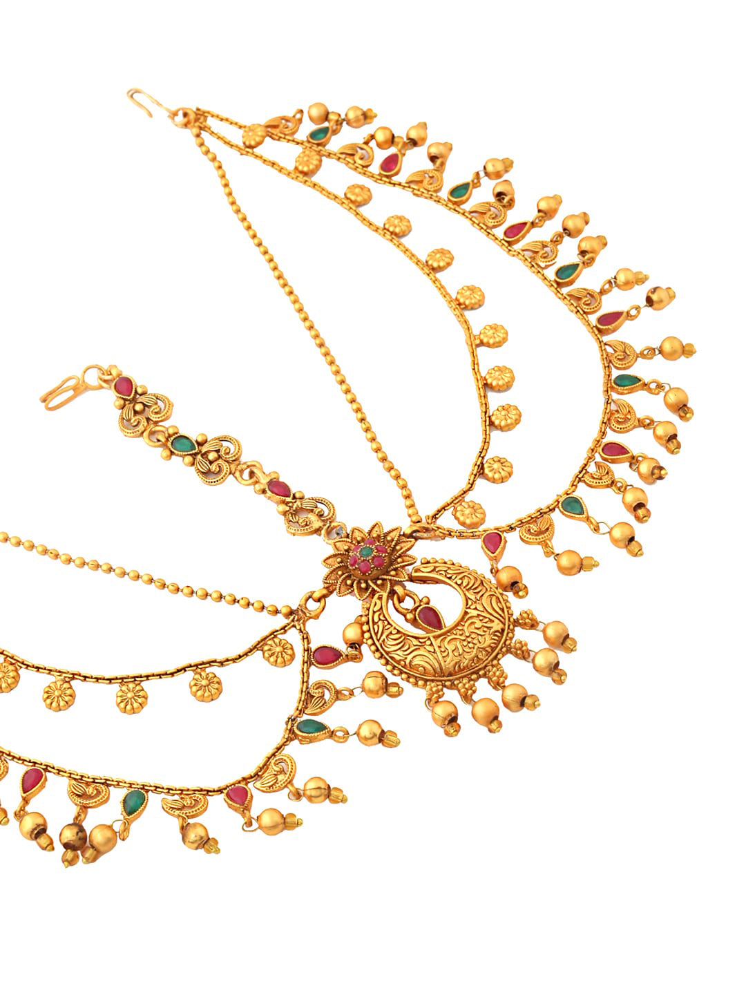 Yellow Chimes Gold-Polished Red & Green Stone-Studded Layered Bridal Maatha Patti | Swadesiicart