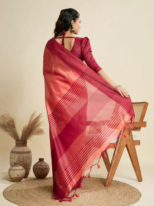 Vishnu Weaves Women's Gajri Raw Silk Thread Woven Saree with Blouse - Swadesiicart