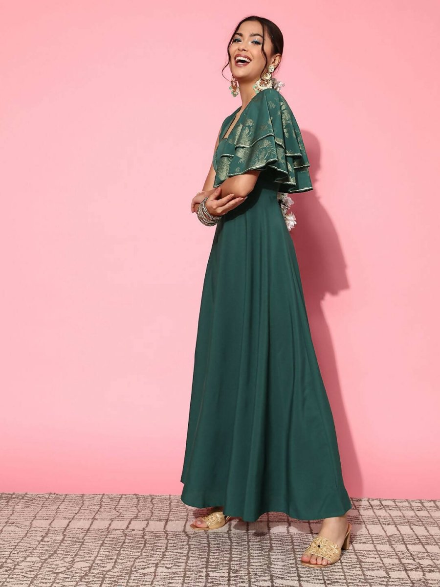 Ahalyaa Gorgeous Green Ethnic Motifs Ruffled Dress | Swadesiicart