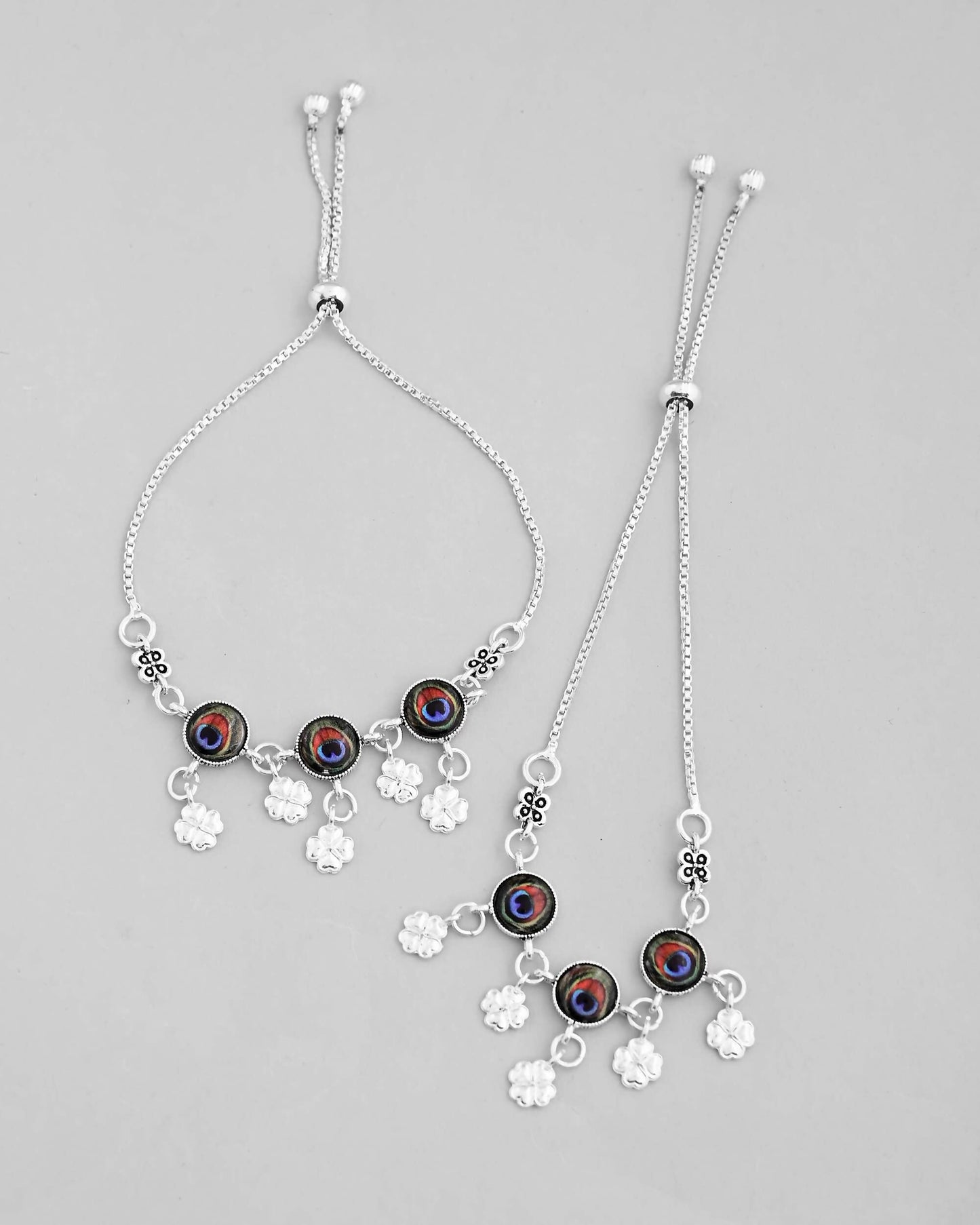 VOJ Set of 2 Silver Plated Peacock Printed HandCrafted Anklet - Swadesiicart