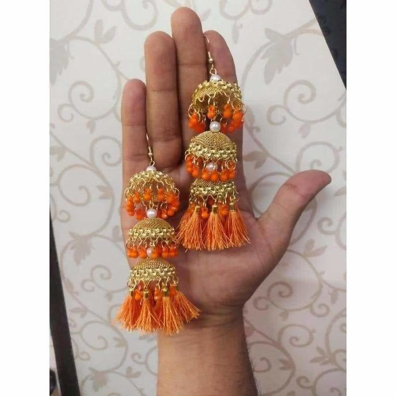 MS Fashion India Gold Color Orange Pearls And Silk Threads Hanging Jhumka Earrings | Swadesiicart