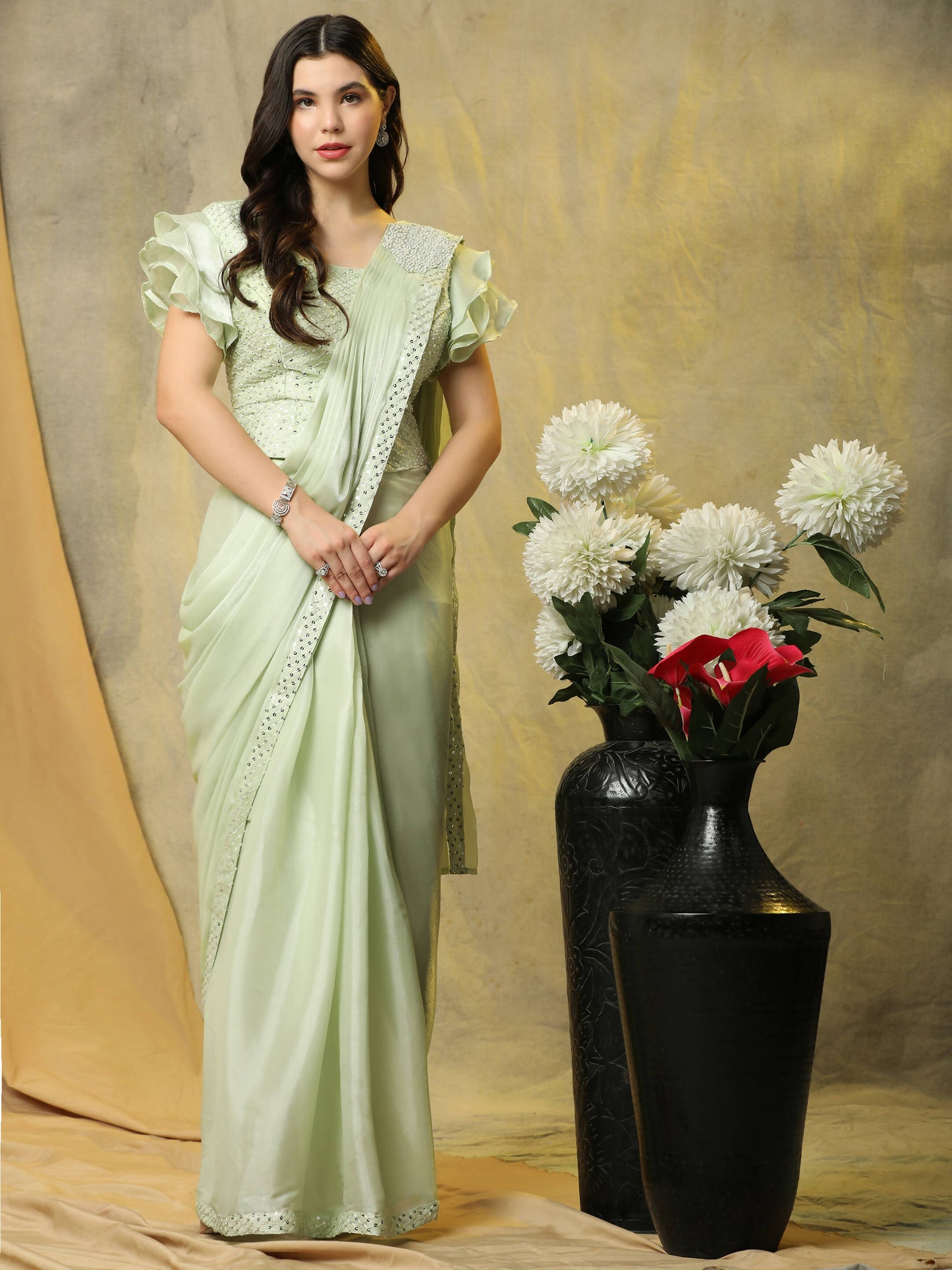 Light Green Silk Satin Sequence Work Ready to Wear Saree with stitched Blouse - Nirvana | Swadesiicart