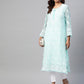 ADA Women Turquoise Blue & White Chikankari Embroidered Sustainable Handloom Kurta with Trousers & Inner | Swadesiicart