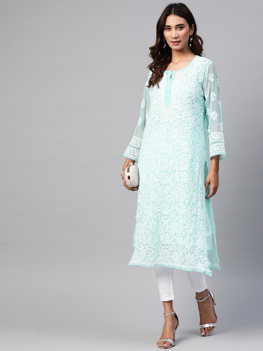 ADA Women Turquoise Blue & White Chikankari Embroidered Sustainable Handloom Kurta with Trousers & Inner | Swadesiicart