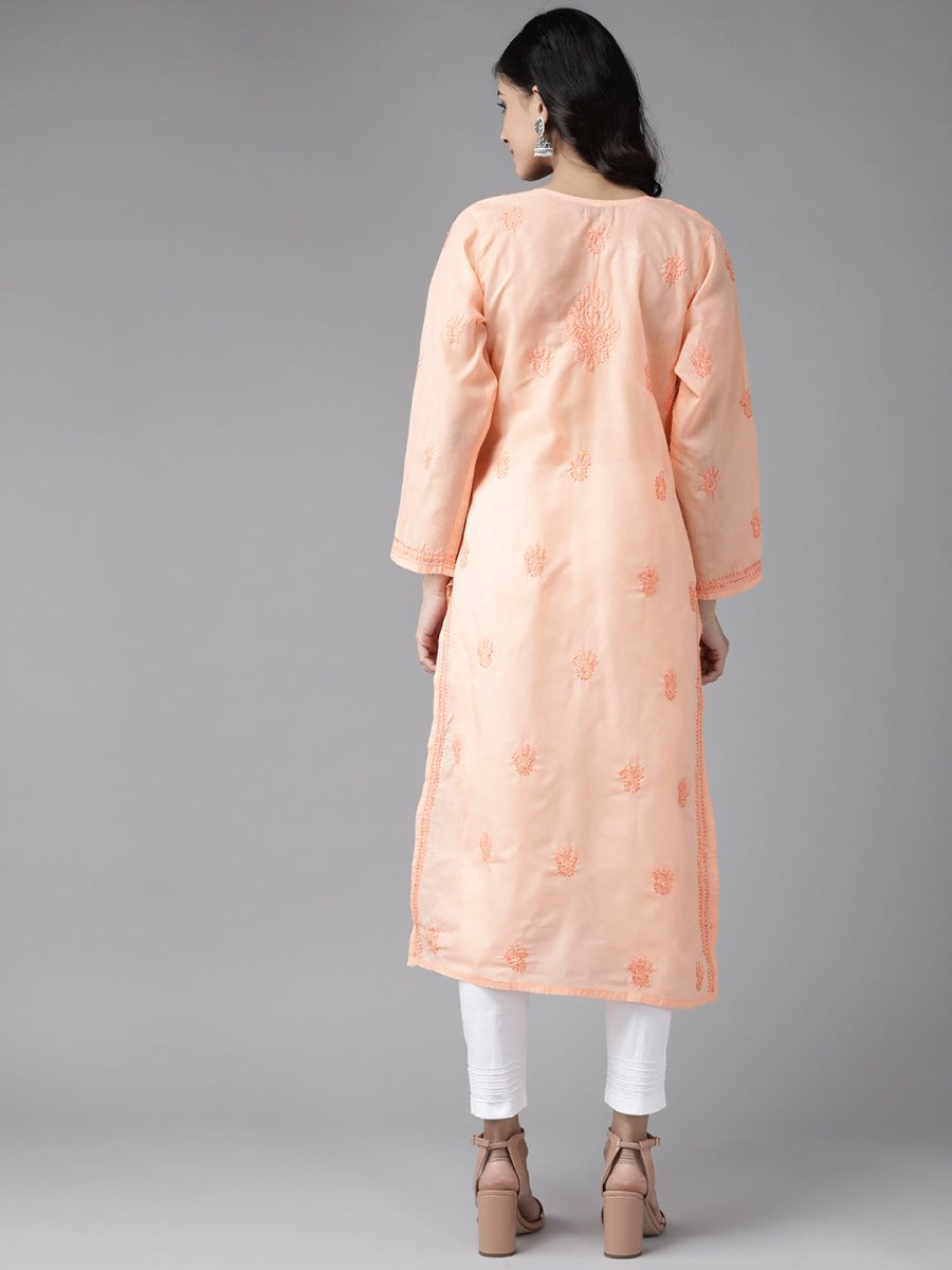 ADA Women Peach-Coloured & White Chikankari Embroidered Handloom Kurta with Cotton Trousers | Swadesiicart