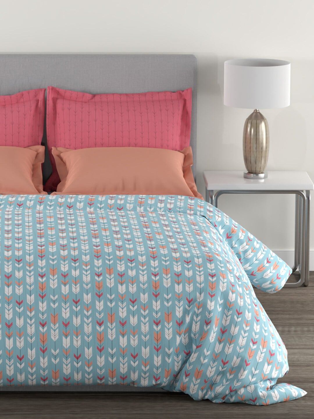 MYTRIDENT Blue White Geometric Cotton 144 TC Queen Bedsheet With 2 Pillow Covers - Swadesiicart