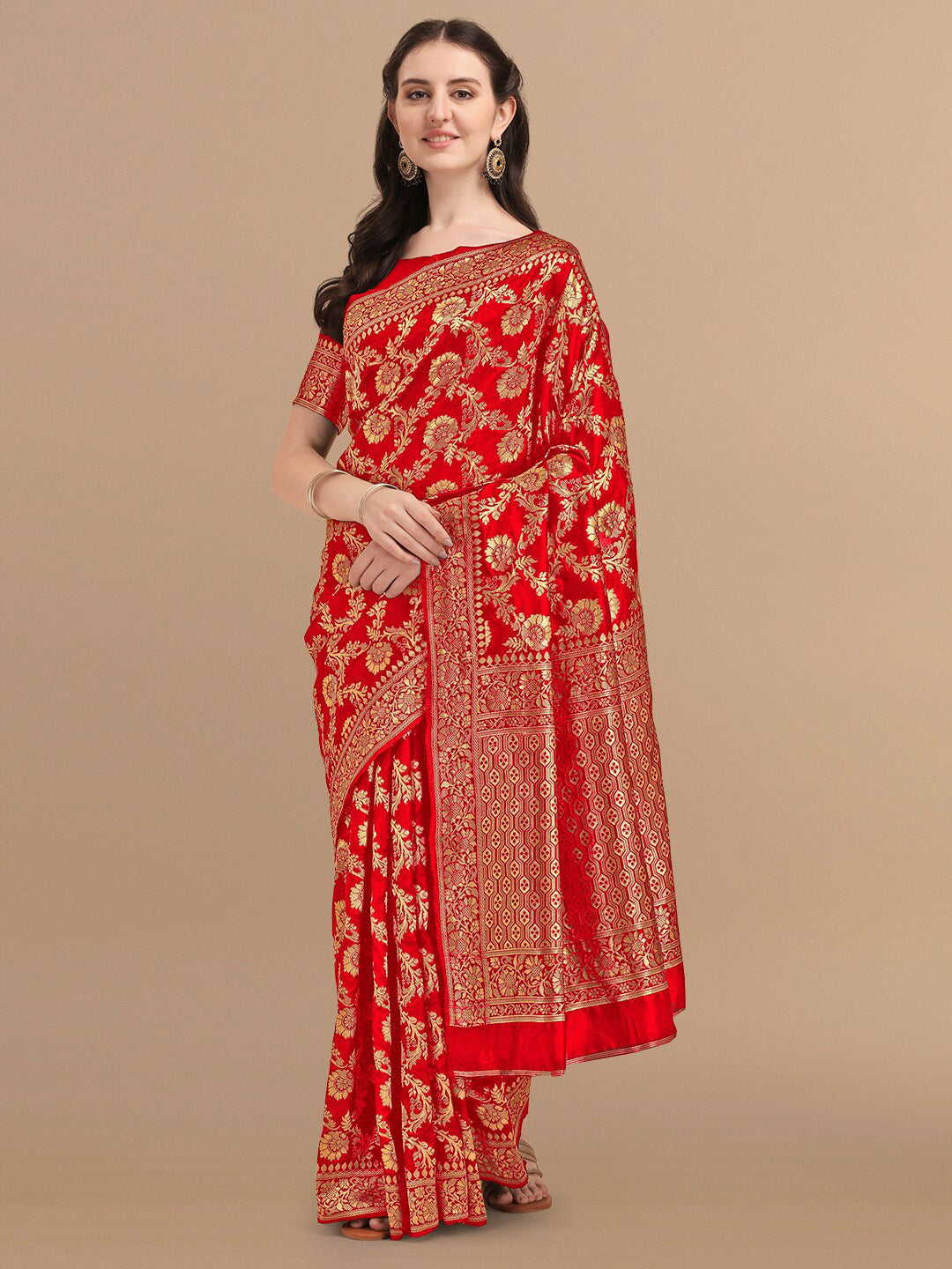 Kalini Red & Golden Floral Zari Silk Blend Banarasi Saree | Swadesiicart