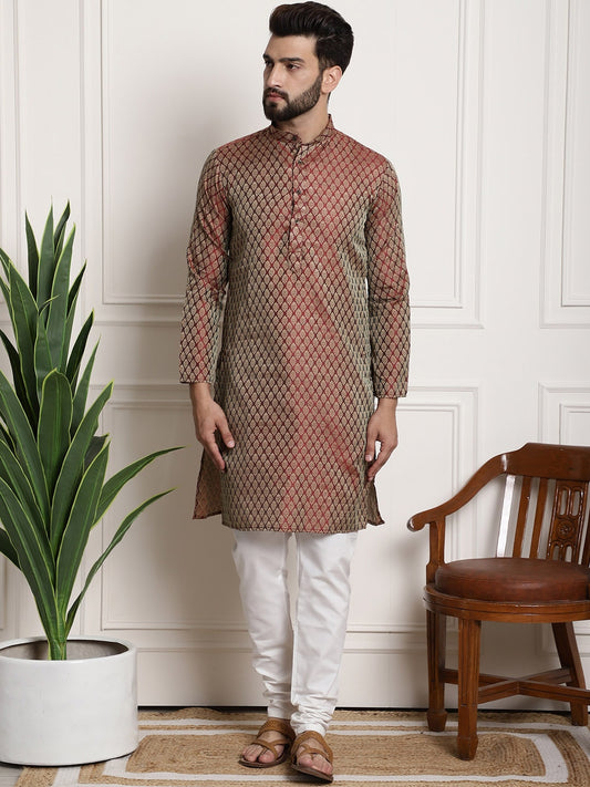 Sojanya Men Maroon & Off-White Woven Design Kurta with Churidar | Swadesiicart