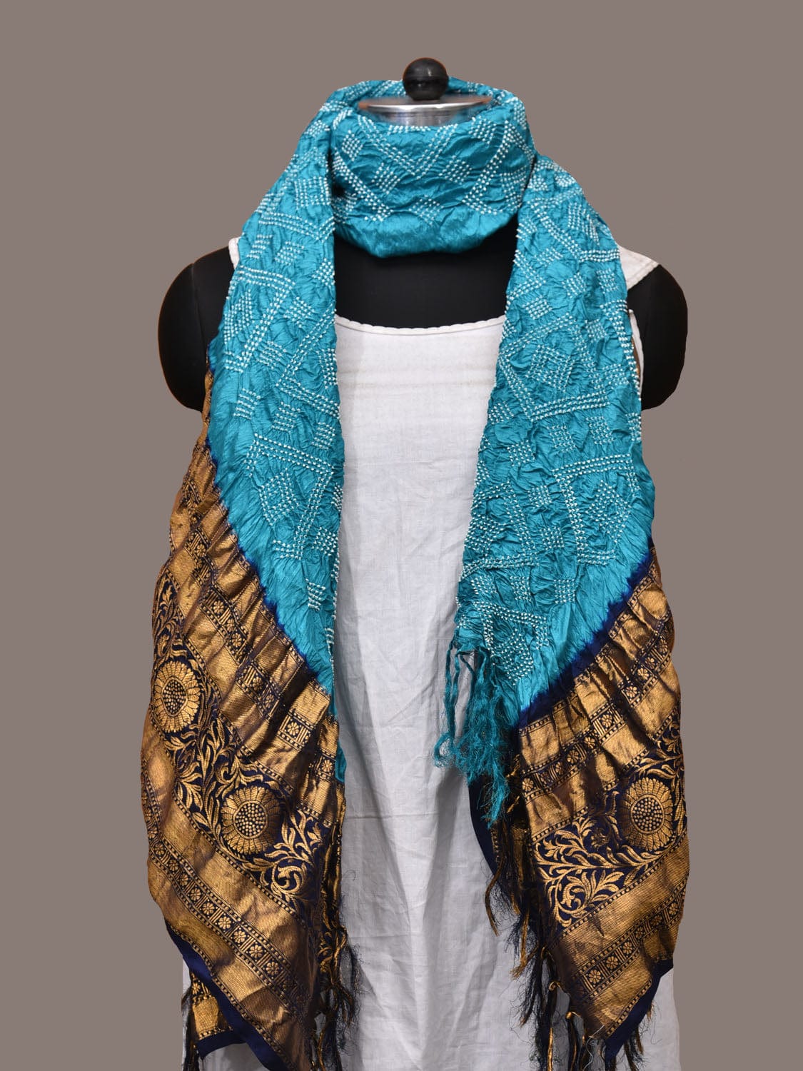 Dark Blue and Blue Bandhani Kanchipuram Silk Handloom Dupatta with Border Design - Global Threads | Swadesiicart