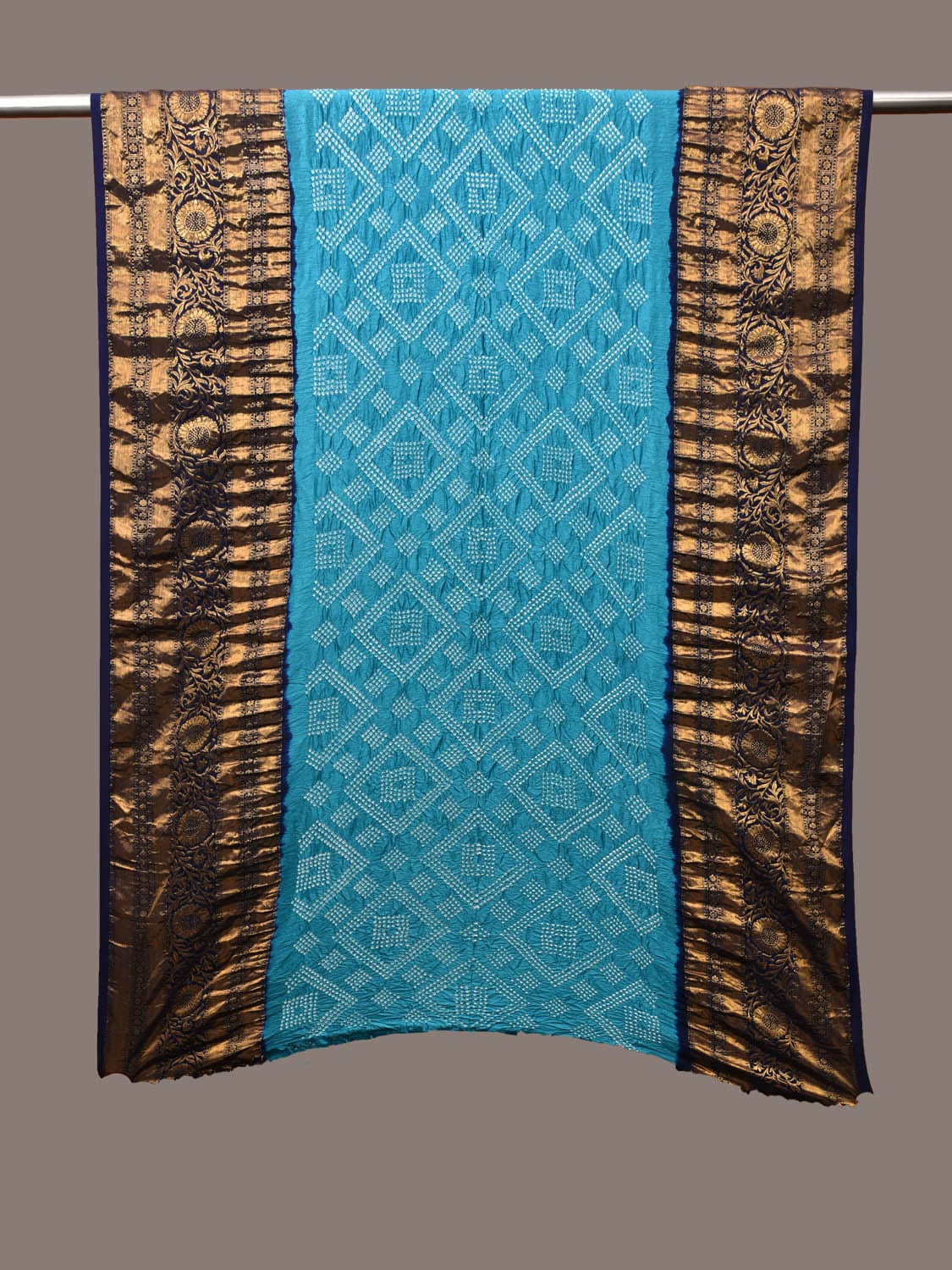 Dark Blue and Blue Bandhani Kanchipuram Silk Handloom Dupatta with Border Design - Global Threads | Swadesiicart