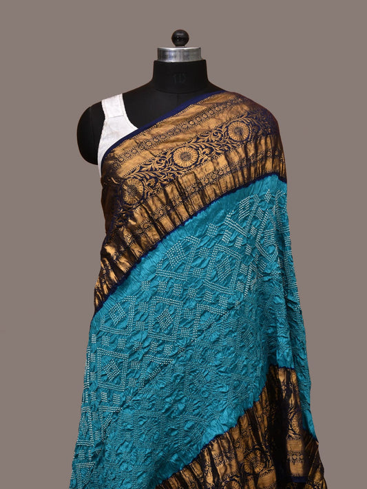 Dark Blue and Blue Bandhani Kanchipuram Silk Handloom Dupatta with Border Design - Global Threads | Swadesiicart