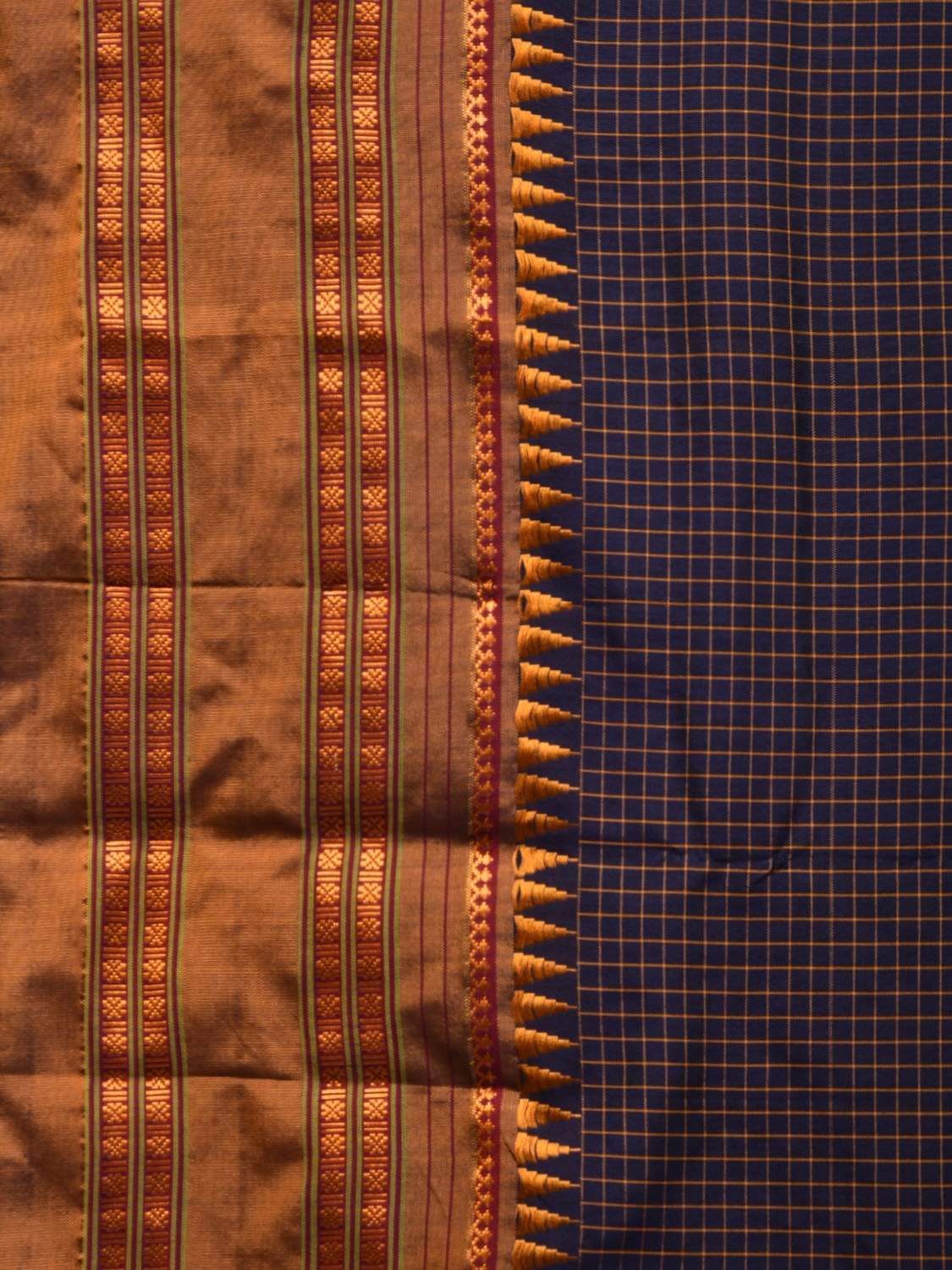 Dark Blue and Mustard Narayanpet Silk Handloom Saree with Checks Design No Blouse - Global Threads | Swadesiicart