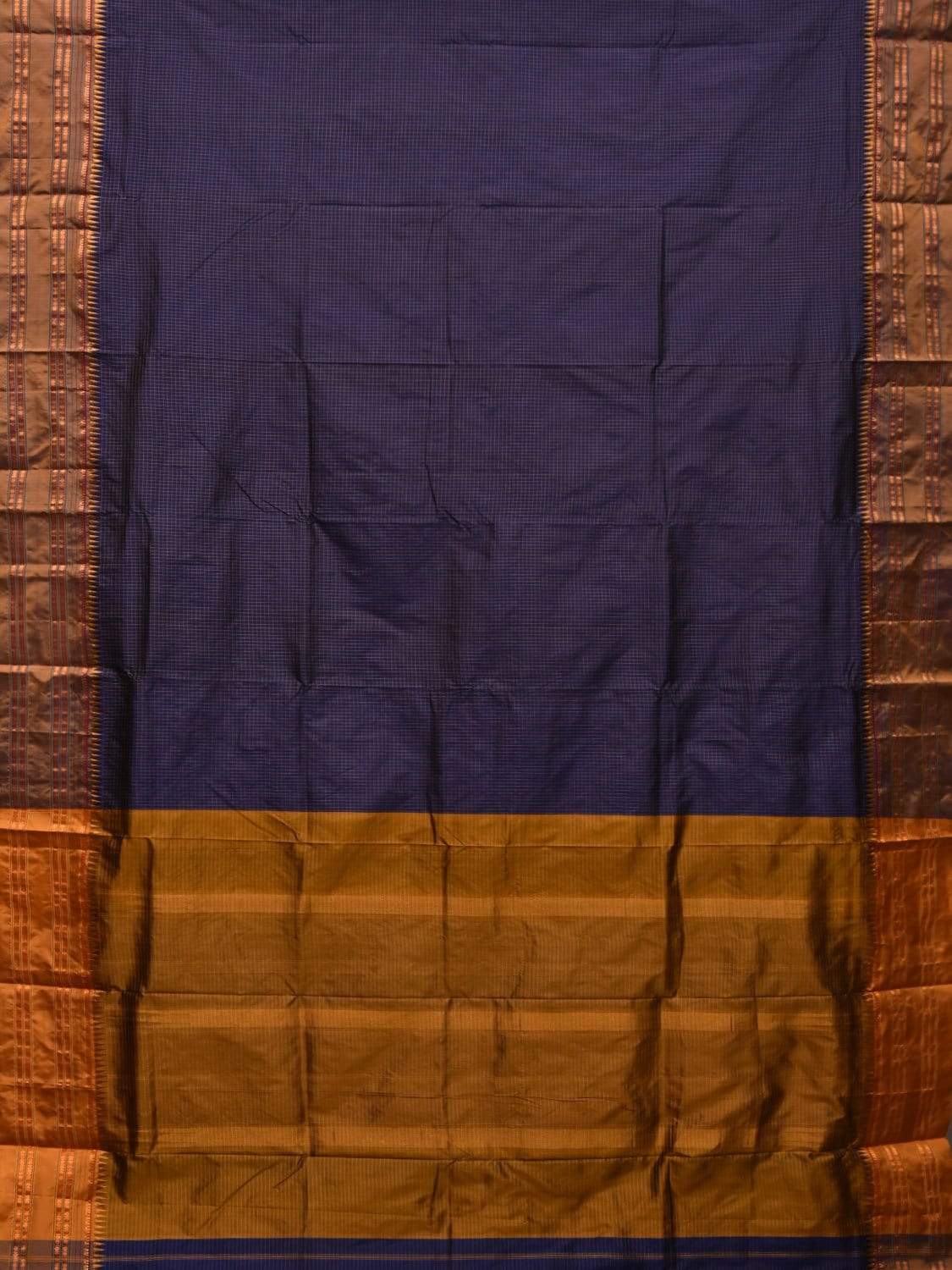 Dark Blue and Mustard Narayanpet Silk Handloom Saree with Checks Design No Blouse - Global Threads | Swadesiicart