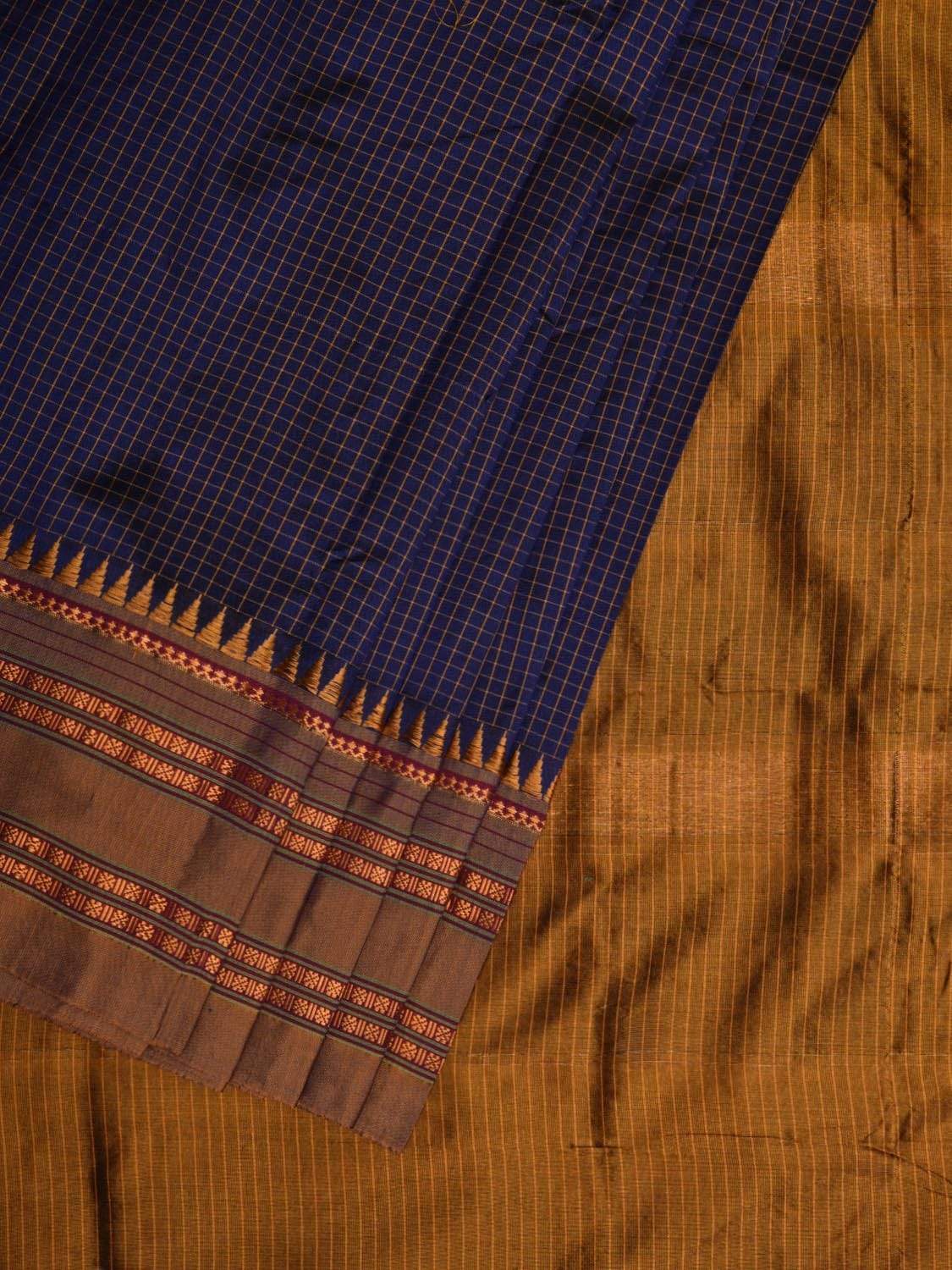 Dark Blue and Mustard Narayanpet Silk Handloom Saree with Checks Design No Blouse - Global Threads | Swadesiicart