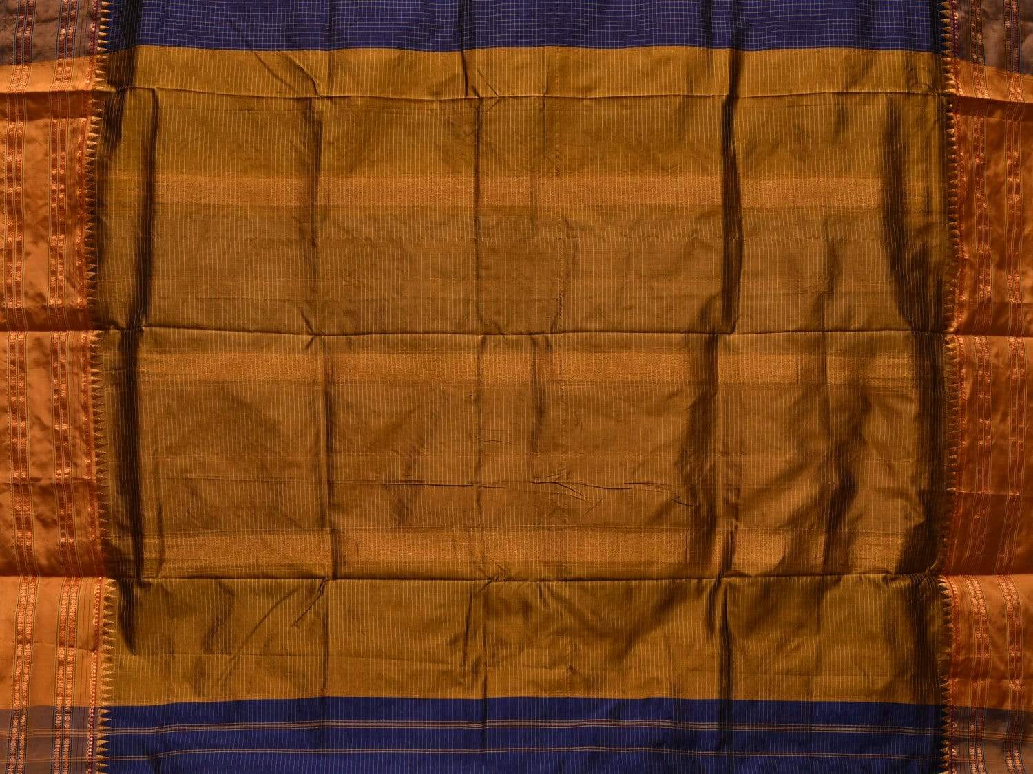 Dark Blue and Mustard Narayanpet Silk Handloom Saree with Checks Design No Blouse - Global Threads | Swadesiicart