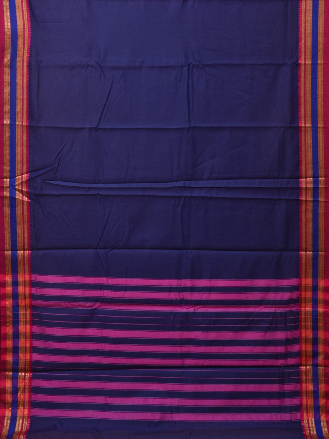 Dark Blue and Pink Bamboo Cotton Plain Saree with Strips Pallu Design No Blouse - Global Threads | Swadesiicart