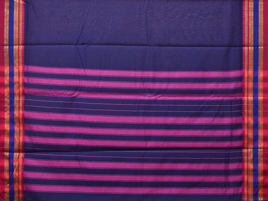 Dark Blue and Pink Bamboo Cotton Plain Saree with Strips Pallu Design No Blouse - Global Threads | Swadesiicart