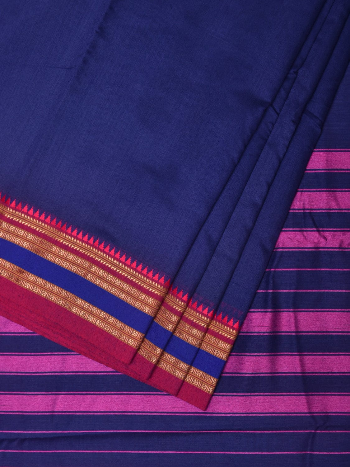 Dark Blue and Pink Bamboo Cotton Plain Saree with Strips Pallu Design No Blouse - Global Threads | Swadesiicart