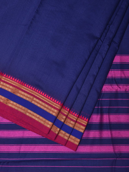 Dark Blue and Pink Bamboo Cotton Plain Saree with Strips Pallu Design No Blouse - Global Threads | Swadesiicart