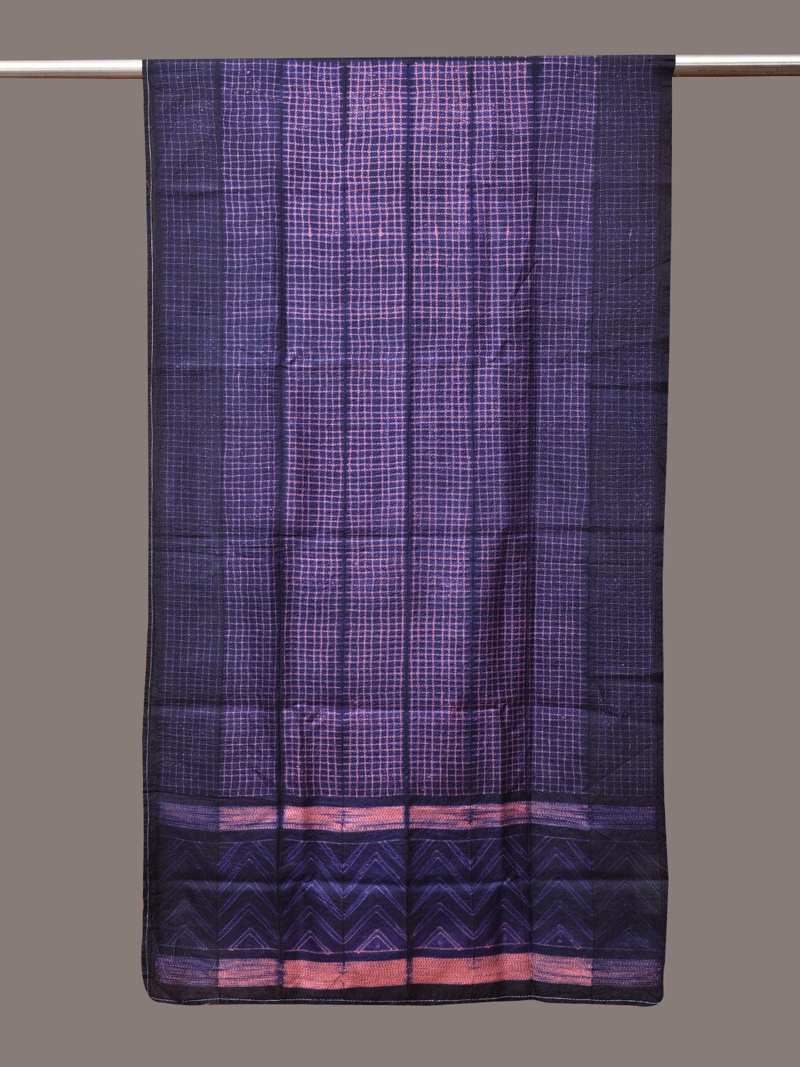 Dark Blue and Pink Shibori Silk Handloom Stole with Checks Design - Global Threads | Swadesiicart