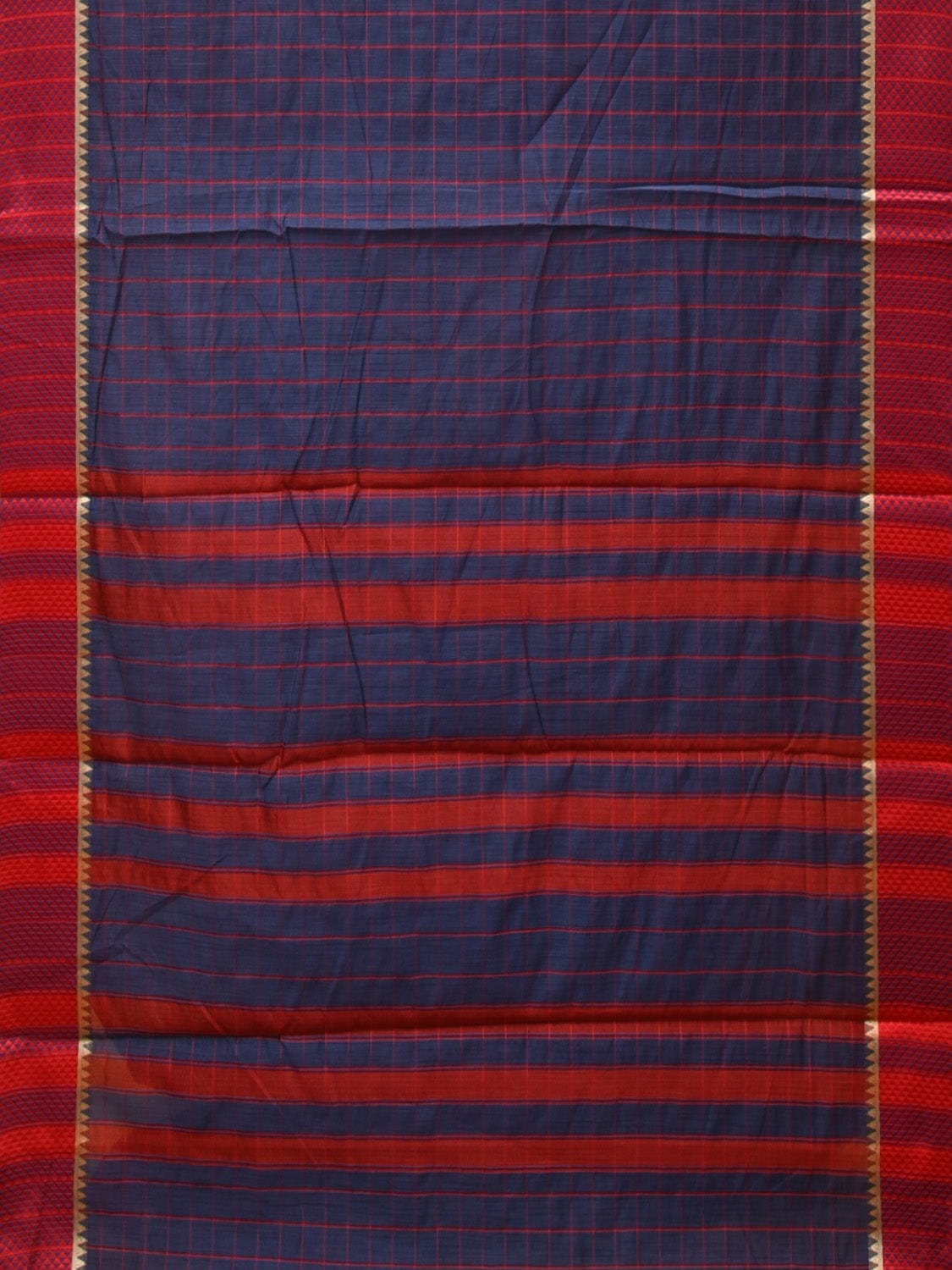 Dark Blue and Red Bamboo Cotton Saree with Big Checks Design No Blouse - Global Threads | Swadesiicart